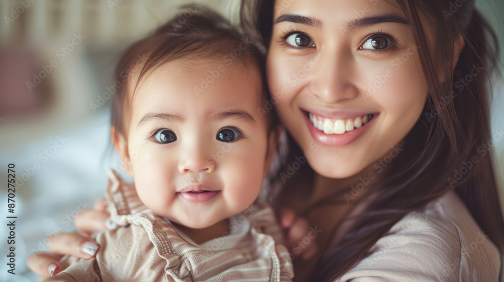 A woman is holding a baby and smiling. The image conveys a warm and loving moment between a mother and her child A woman is holding a baby and smiling. The image conveys a warm and loving moment between a mother and her child