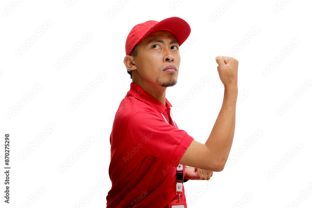 Excited Asian Delivery man is making a strong gesture by lifting his arm to show muscles, expressing pride in his achievements and dedication in delivery services, Isolated on a white background Excited Asian Delivery man is making a strong gesture by lifting his arm to show muscles, expressing pride in his achievements and dedication in delivery services, Isolated on a white background