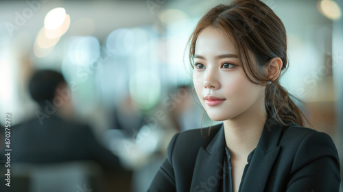 A woman in a black suit is sitting at a table. She is looking at the camera with a serious expression © BOW_NAPASORN