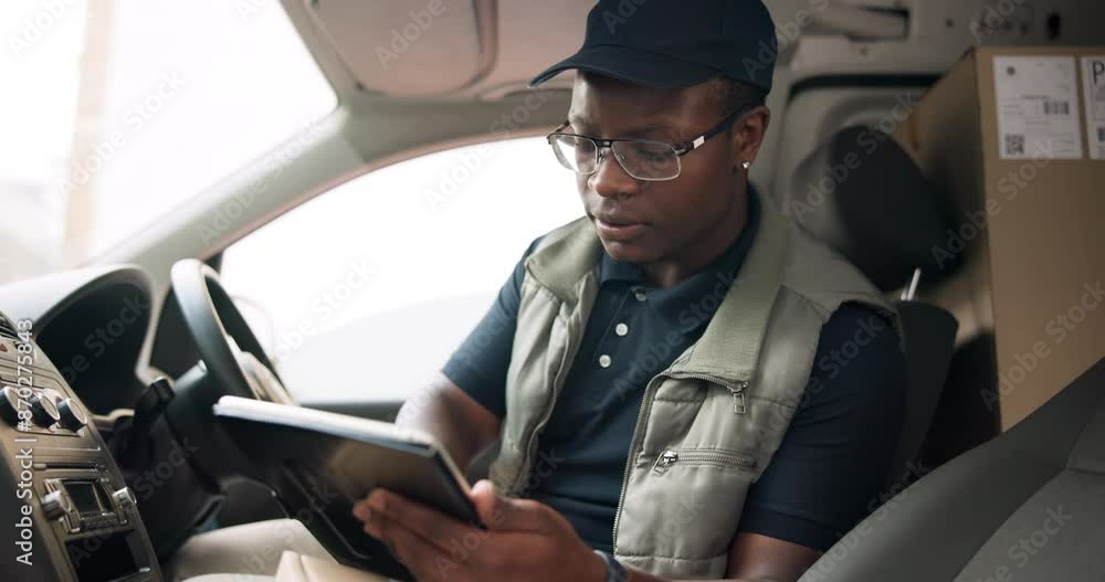 Tablet, boxes and delivery man in van for logistics or freight, distribution or b2c information. Package, cargo and courier with digital technology for supply chain and order inventory in vehicle. Tablet, boxes and delivery man in van for logistics or freight, distribution or b2c information. Package, cargo and courier with digital technology for supply chain and order inventory in vehicle.