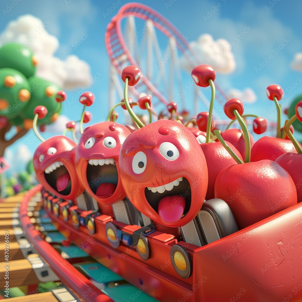 3D mascot character design of a bunch of cherries riding a