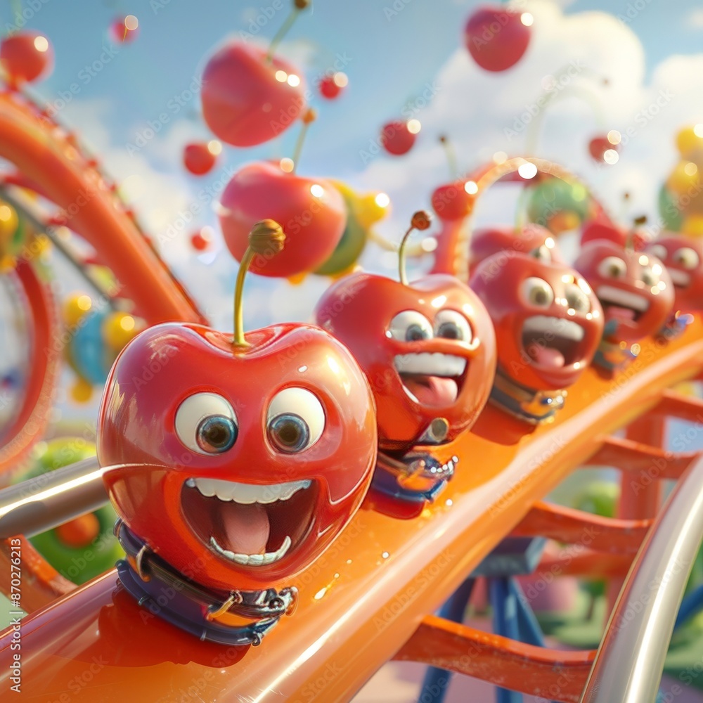 3D mascot character design of a bunch of cherries riding a(02)