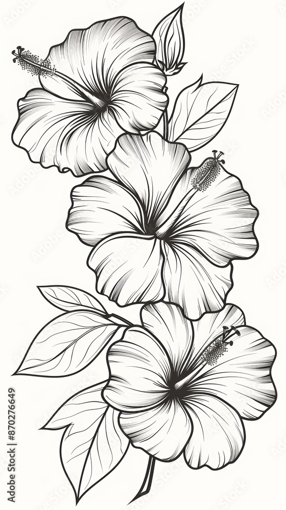 Black and White Floral Illustration of Hibiscus Flowers on White Background Black and White Floral Illustration of Hibiscus Flowers on White Background