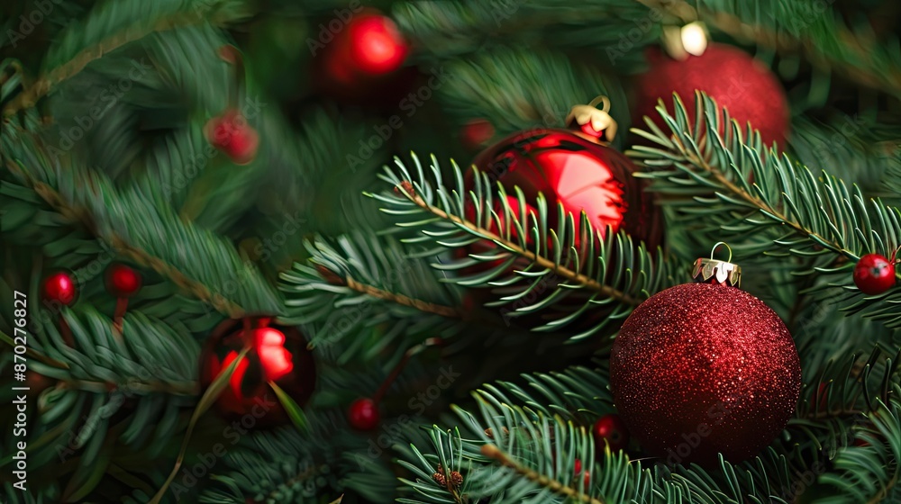 Festive Postcard Background with Fir Branches and Christmas Tree Toys Festive Postcard Background with Fir Branches and Christmas Tree Toys
