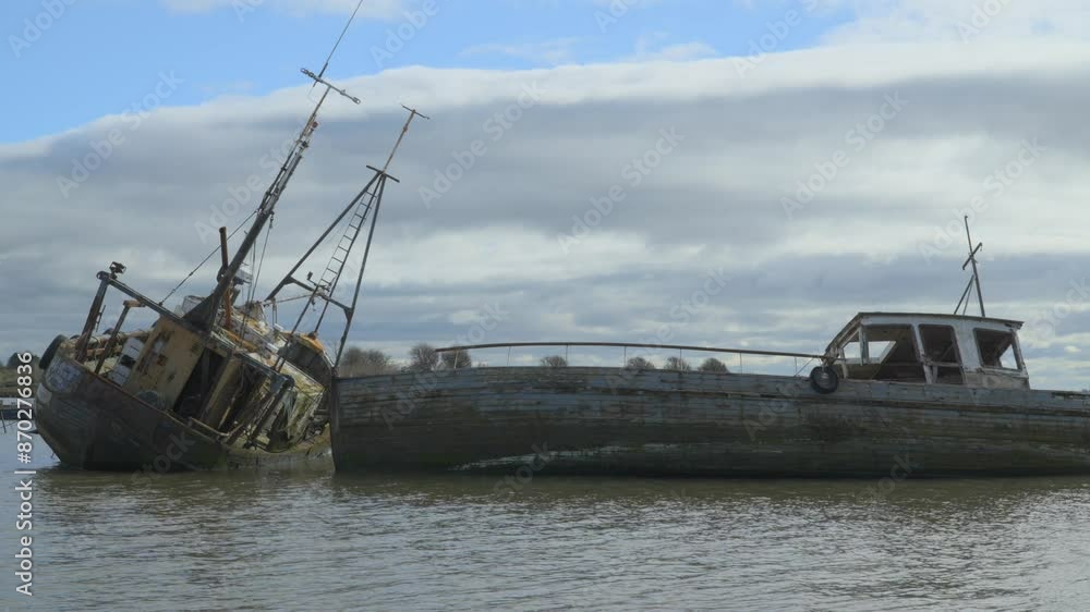 Abandoned shipwrecks in receding tide with thick cloud moving across the frame and patches of sunlight illuminating the scene. Timelapse 30x. River Wyre Estuary, Fleetwood, Lancashire, UK Abandoned shipwrecks in receding tide with thick cloud moving across the frame and patches of sunlight illuminating the scene. Timelapse 30x. River Wyre Estuary, Fleetwood, Lancashire, UK