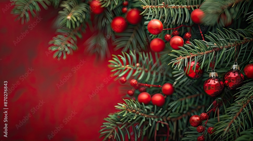 Festive Postcard Background with Fir Branches and Christmas Tree Toys Festive Postcard Background with Fir Branches and Christmas Tree Toys