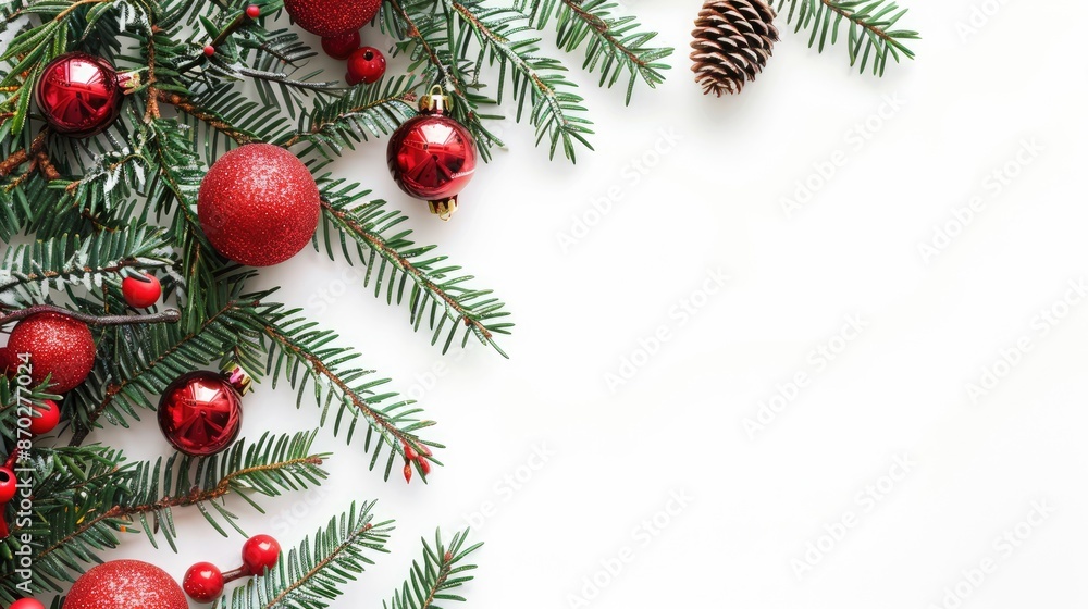 Festive Postcard Background with Fir Branches and Christmas Tree Toys on white background. Festive Postcard Background with Fir Branches and Christmas Tree Toys on white background.