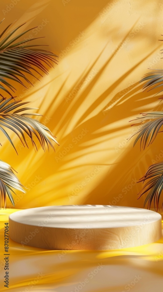 Empty round podium backdrop with tropical palm leaves and sunlight shadows for product placement. Minimal 3D rendering background with copy space for cosmetic product display. Empty round podium backdrop with tropical palm leaves and sunlight shadows for product placement. Minimal 3D rendering background with copy space for cosmetic product display.