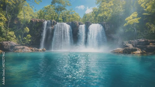 rainforest mistywaterfall and river nature landscape wallpaper, seamless looping  time-lapse HD video background photo