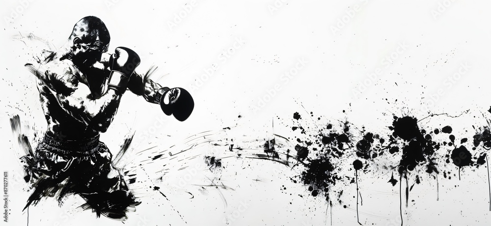 Obraz premium Black and white illustration of a strong boxer fighting, throwing a punch with splattered ink effect