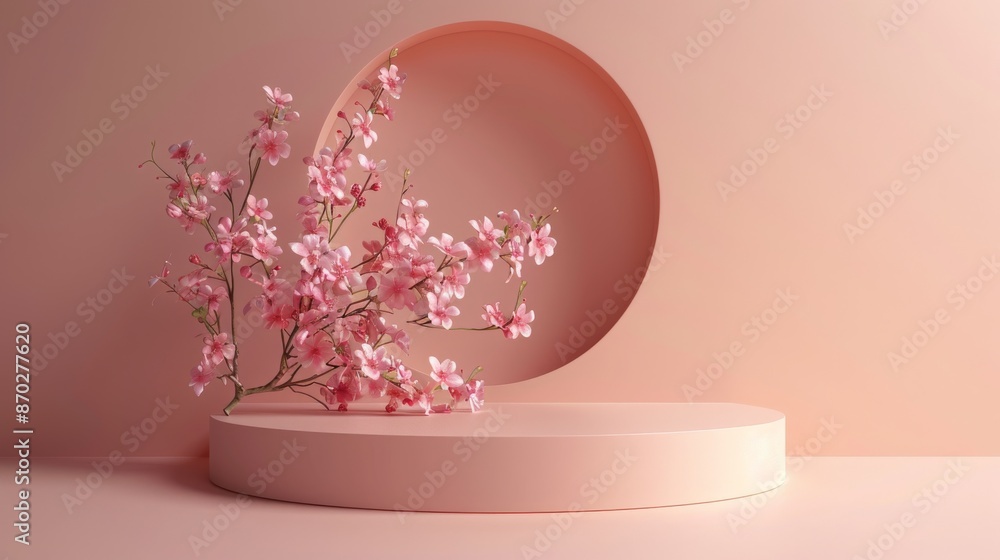 Minimal pink podium with cherry blossom branch for product placement. Beauty, cosmetics, or spring sale concept with copy space Minimal pink podium with cherry blossom branch for product placement. Beauty, cosmetics, or spring sale concept with copy space