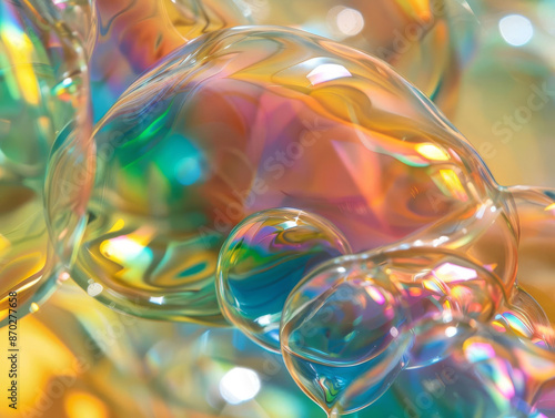 Closeup of a bubble surface, showcasing the detailed reflections and swirling rainbow hues, ideal for creative and scientific visuals, copy space