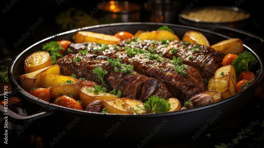 delicious pot roast meat with black and blur background delicious pot roast meat with black and blur background