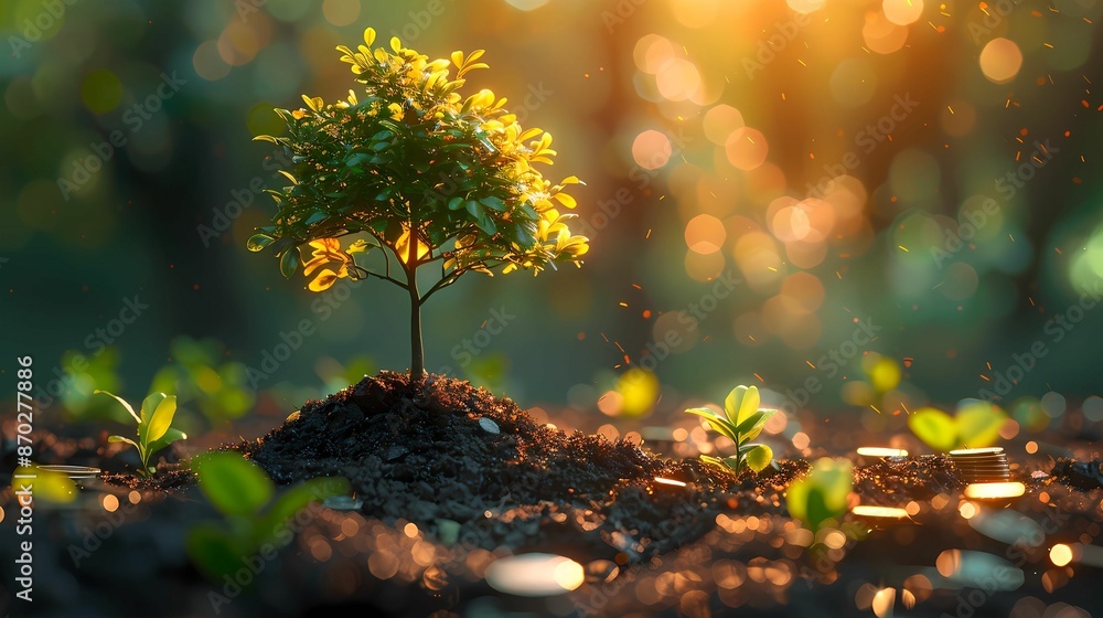 Captivating digital artwork of a vibrant green tree growing from a mound of soil, surrounded by scattered coins. Sunlight filters through, creating a warm, golden glow that bathes the scene in etherea Captivating digital artwork of a vibrant green tree growing from a mound of soil, surrounded by scattered coins. Sunlight filters through, creating a warm, golden glow that bathes the scene in etherea