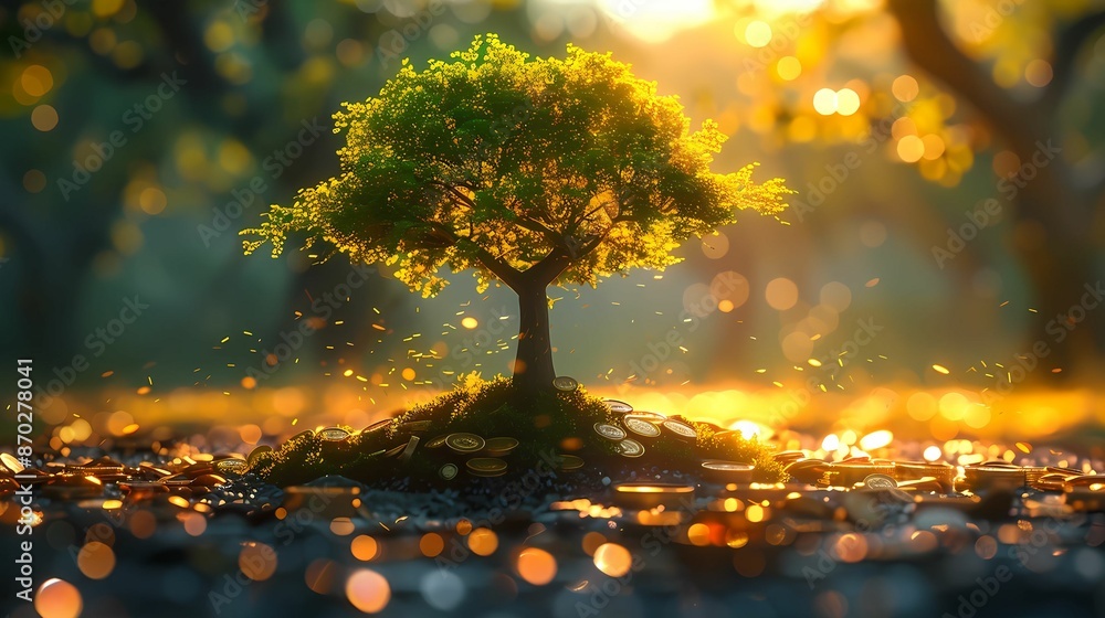 Captivating digital artwork of a vibrant green tree growing from a mound of soil, surrounded by scattered coins. Sunlight filters through, creating a warm, golden glow that bathes the scene in etherea
