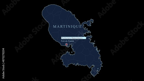 Blue stylized Martinique map with  capital city and geographic coordinates on black background. Motion graphic vfx digital animation photo