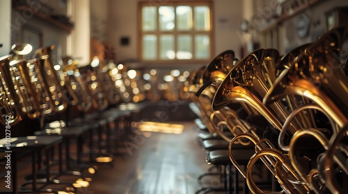 Rows of musical instruments in a school band room
