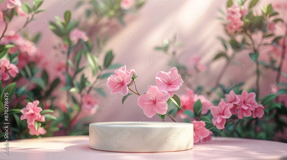 Fototapeta premium White podium with pink flowers for product presentation. Spring floral background for cosmetic products. 3D rendering.