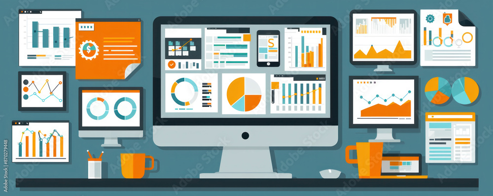 A computer monitor displays a variety of graphs and charts on a desk. The desk also has a cup, a mouse, and a keyboard. Concept of productivity and organization, as the various devices A computer monitor displays a variety of graphs and charts on a desk. The desk also has a cup, a mouse, and a keyboard. Concept of productivity and organization, as the various devices