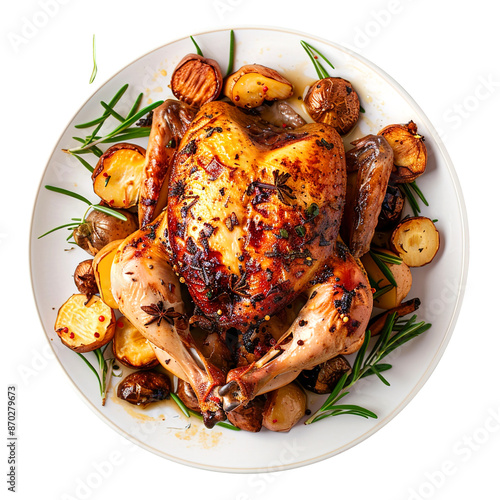 roasted chicken with vegetables, isolated on transparent background Remove png, Clipping Path, pen tool 