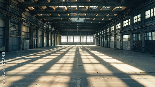 Detailed warehouse background with industrial lighting and shadows.  © kimly