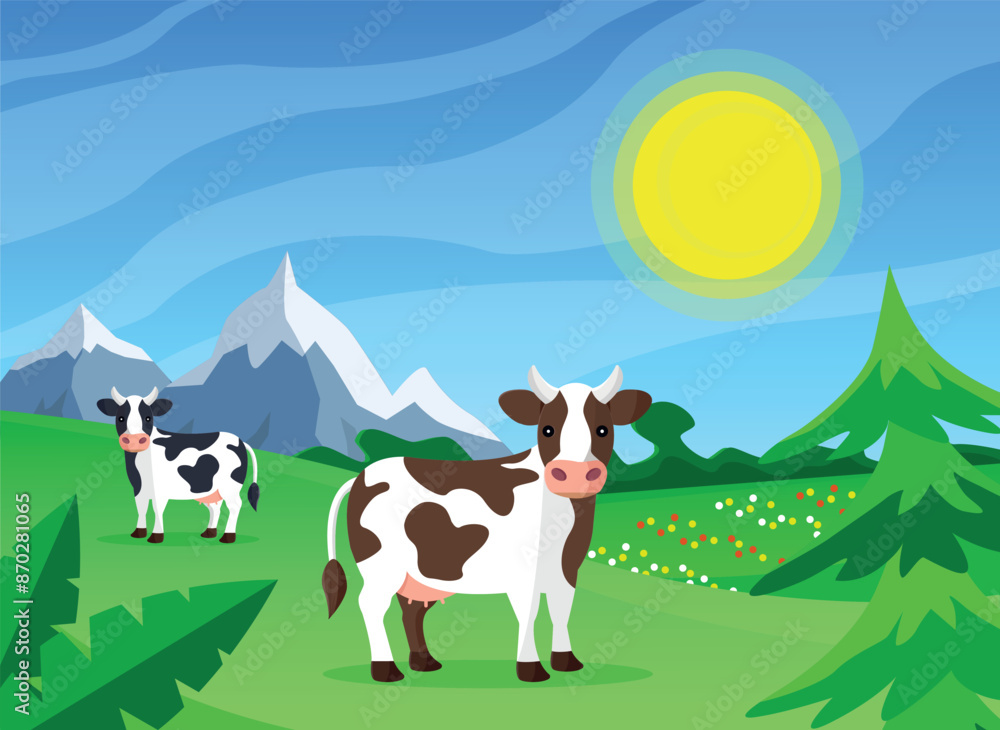 Cows grazing in the meadow. Summer day. Cartoon vector illustration. Flat style. Cows grazing in the meadow. Summer day. Cartoon vector illustration. Flat style.