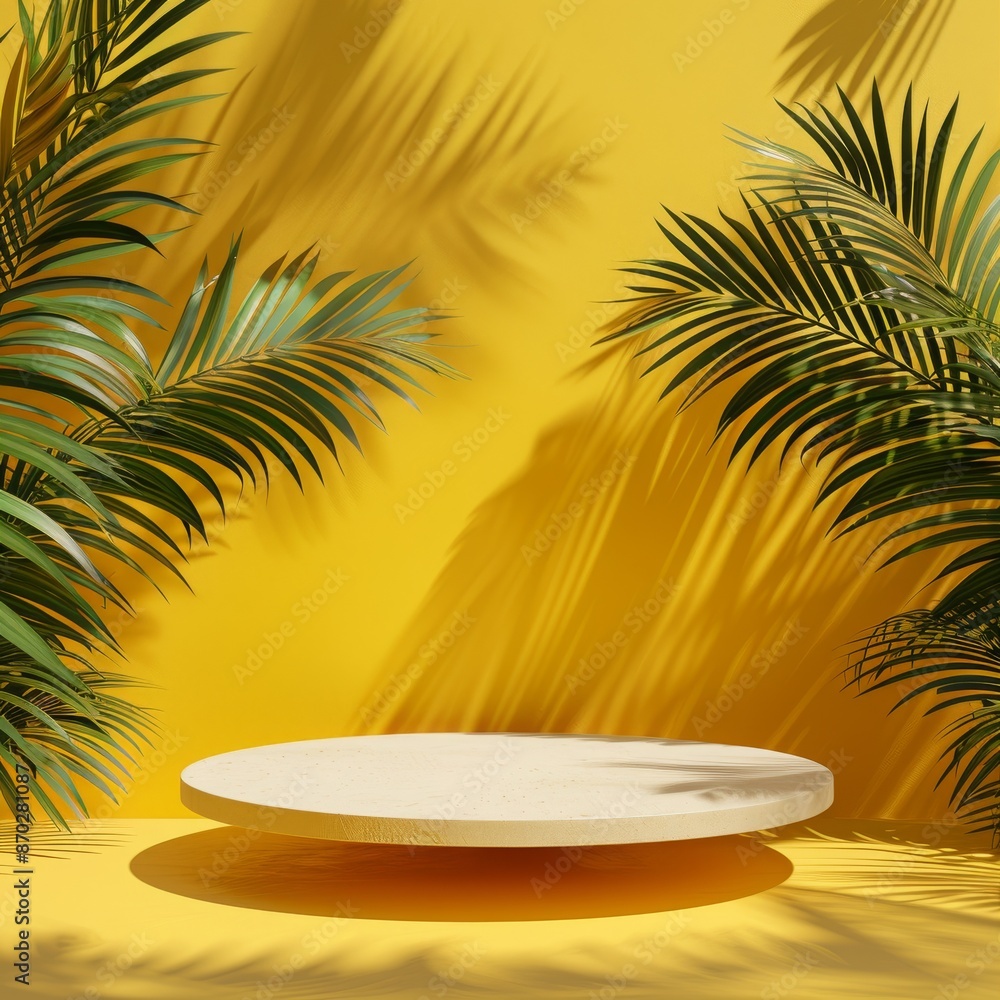 Empty white podium with palm leaves and shadows on a yellow background, Summer product display mockup for cosmetics or skincare. Minimal podium background for branding. Empty white podium with palm leaves and shadows on a yellow background, Summer product display mockup for cosmetics or skincare. Minimal podium background for branding.