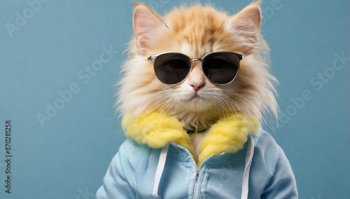 pet, animal, yellow, background, portrait, cute, feline, kitten, fluffy, white, adorable, kitty, funny, domestic, young, eyes, beautiful, clothes, summer, lovely, humor, concept, look, fun, fashion, s photo