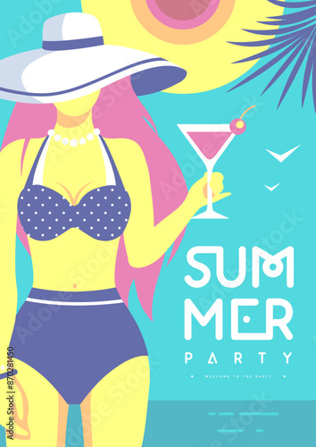 Retro flat summer disco party poster with girl in swimsuit and cosmopolitan cocktaill on beach background. Vector illustration