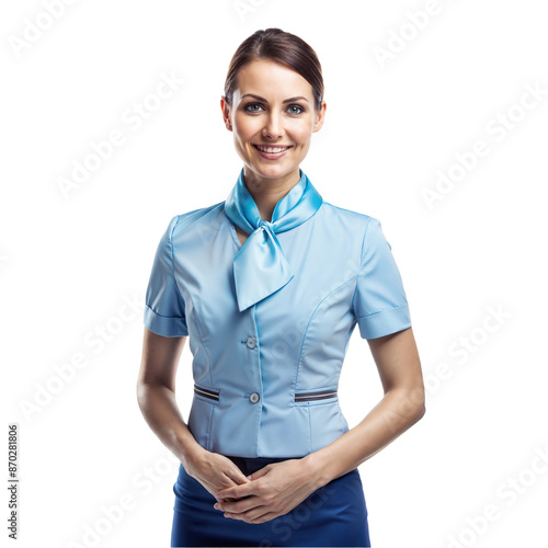 Beautiful female flight attendant standing isolated on transparent background