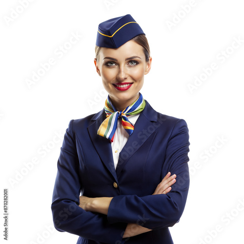 Beautiful female flight attendant with blue uniform standing isolated on transparent background