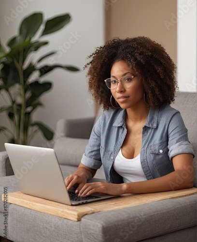 African-american woman working on laptop.