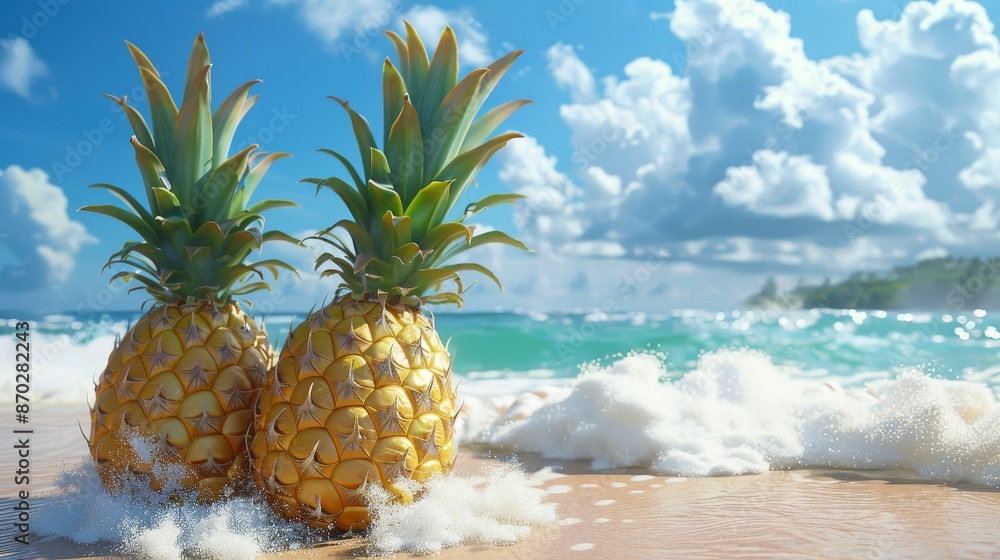 Pineapple standing on pink sand at pink beach,blue sea and pink sand in summer vacation,selective focus. Pineapple standing on pink sand at pink beach,blue sea and pink sand in summer vacation,selective focus.