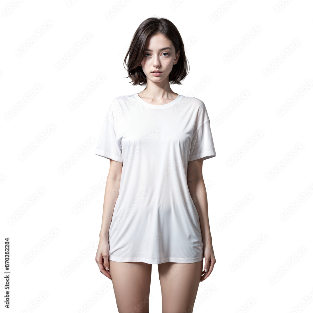 Beautiful woman wearing white oversized t-shirt isolated on transparent background Beautiful woman wearing white oversized t-shirt isolated on transparent background