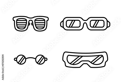 Glasses Set. Tishades, Rectangles, Wayfarers, sky googles. Various shapes glasses set. Sunglasses, glasses, isolated on white background. Vector outline illustrations photo