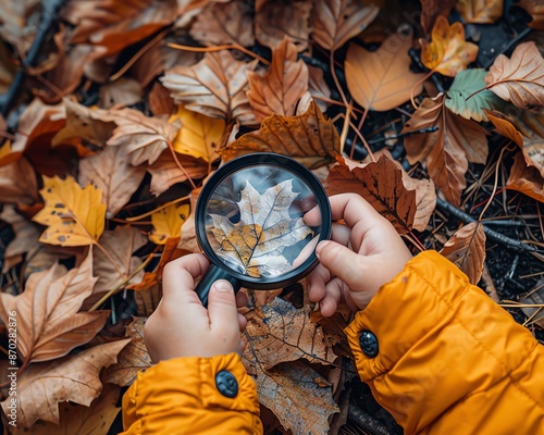 Child's hands hold magnifying glass over autumn leaf. photo