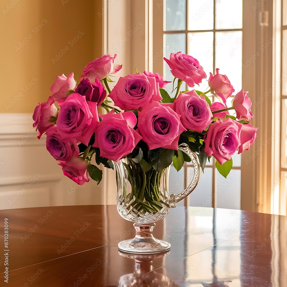 Bouquet of pink roses in a vase on the table Bouquet of pink roses in a vase on the table