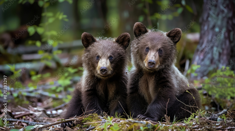 Obraz premium Two young brown bear cub in the forest, AI Generative.
