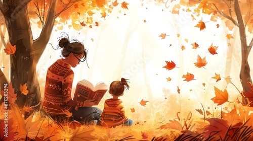 A mother and child read a book together in a beautiful autumn forest, surrounded by falling leaves.
