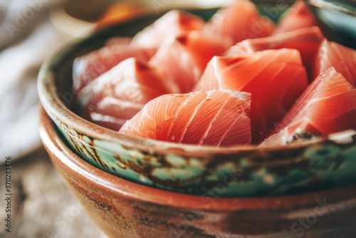 Close-up of diced raw salmon sashimi arranged in a rustic brown and green bowl photo