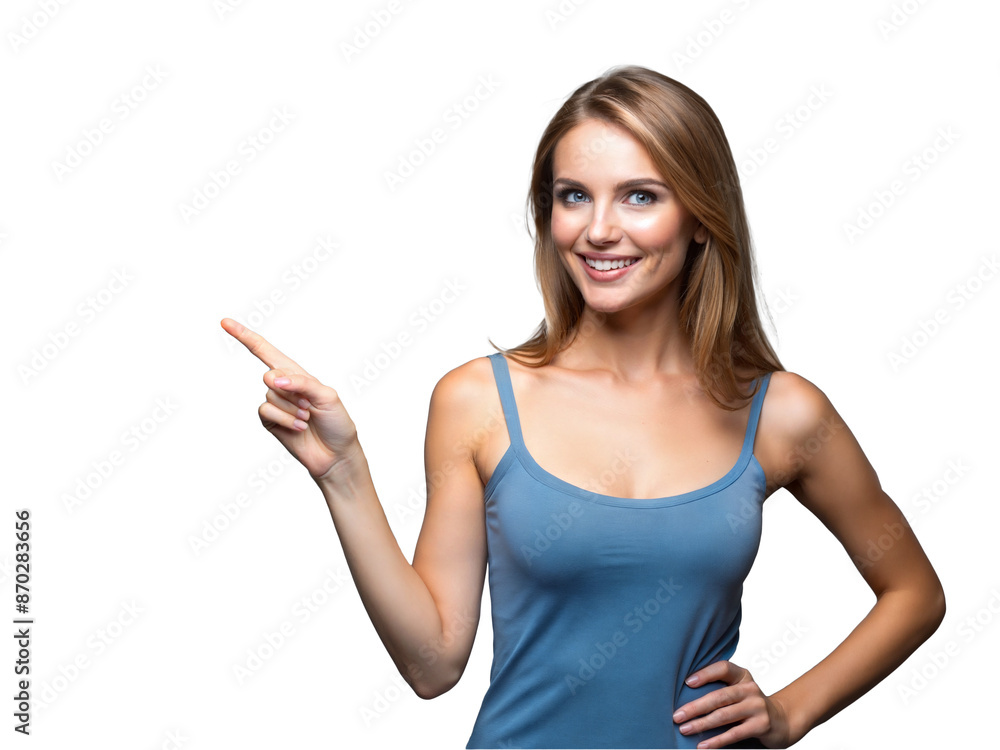 Pretty woman pointing her finger to the side of empty space, isolated transparent background Pretty woman pointing her finger to the side of empty space, isolated transparent background