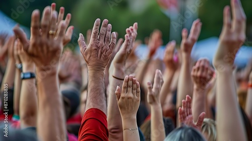 multitude of raised hands symbolizing participation and collective action