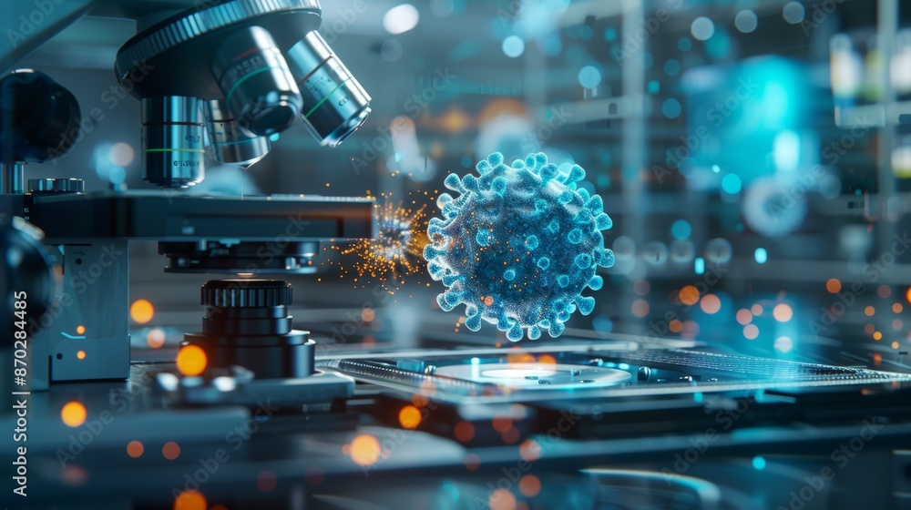 A realistic 3D illustration of a virus particle under a microscope in a laboratory setting, symbolizing scientific analysis and research. A realistic 3D illustration of a virus particle under a microscope in a laboratory setting, symbolizing scientific analysis and research.