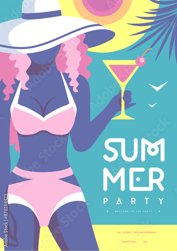 Retro flat summer disco party poster with girl in swimsuit and cosmopolitan cocktaill on beach background. Vector illustration