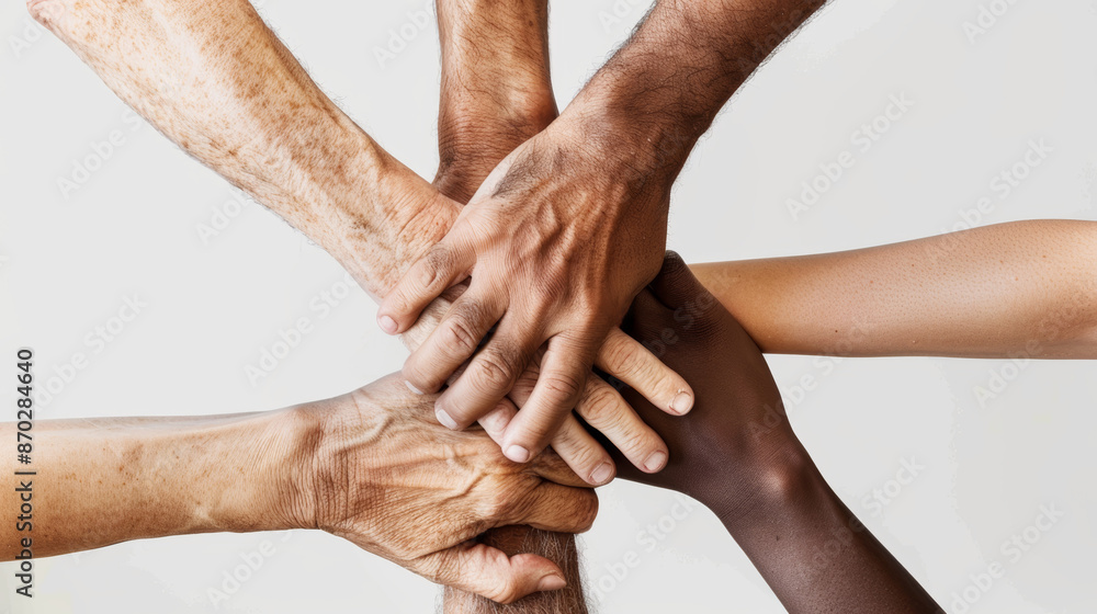 Fototapeta premium Diverse hands reach out, interlocked in a powerful display of unity and collaboration