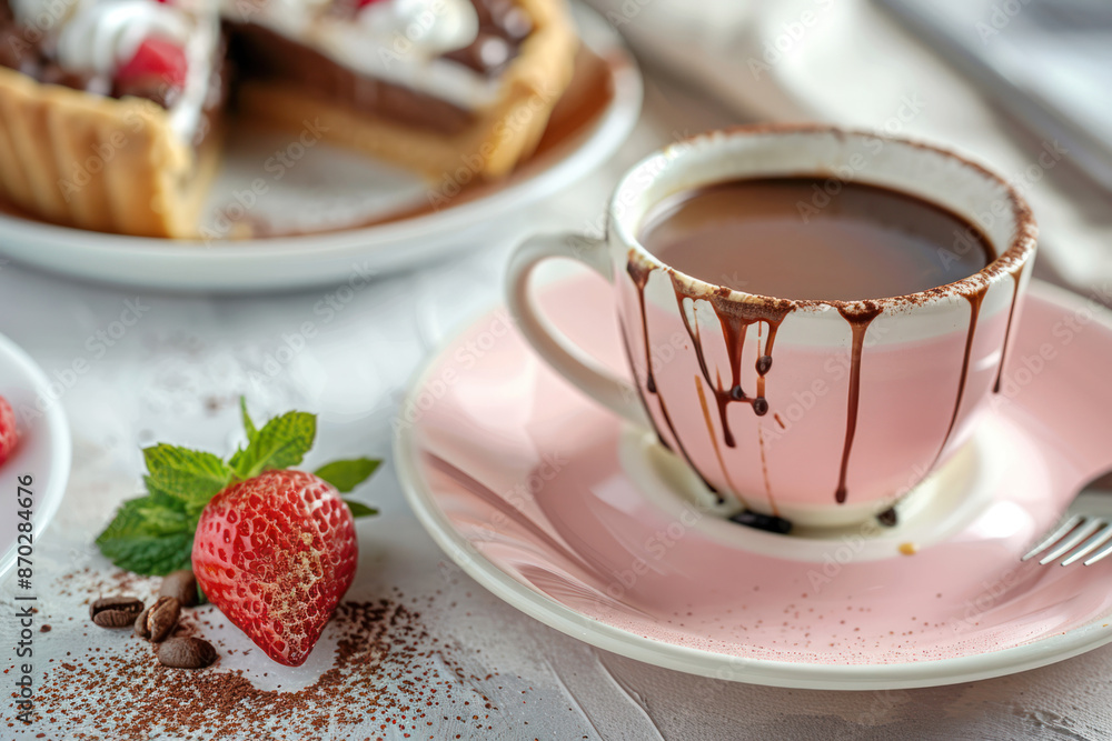 A pink cup of hot chocolate with dripped chocolate sits on a pink saucer, next to a strawberry and a piece of chocolate pie A pink cup of hot chocolate with dripped chocolate sits on a pink saucer, next to a strawberry and a piece of chocolate pie