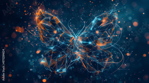 Digital Butterfly with Glowing Network Lines and Bokeh Background