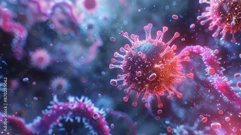 A stylized 3D illustration of a virus surrounded by proteins and enzymes, showcasing the intricate structure of a viral particle. A stylized 3D illustration of a virus surrounded by proteins and enzymes, showcasing the intricate structure of a viral particle.