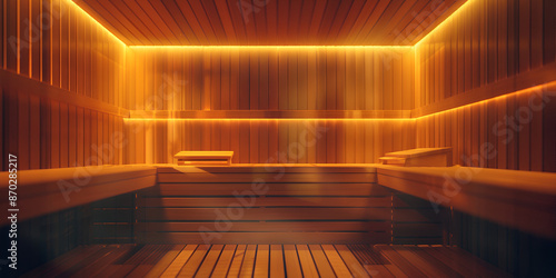 Cozy wooden sauna room with soft lighting and benches. © ALI