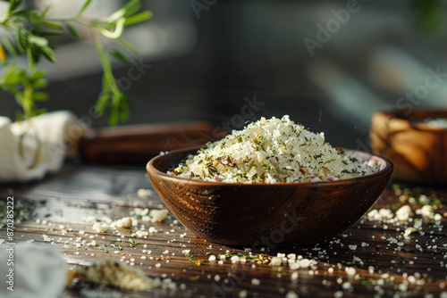 A bowl of coarse sea salt mixed with herbs sits on a wooden table, with salt scattered around it photo